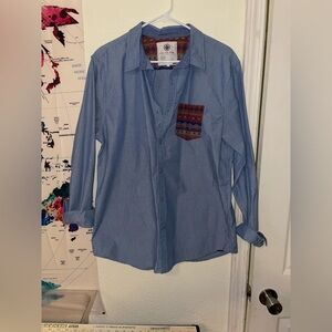 Denim southwestern pocket long sleeve oxford with Patterned Pocket